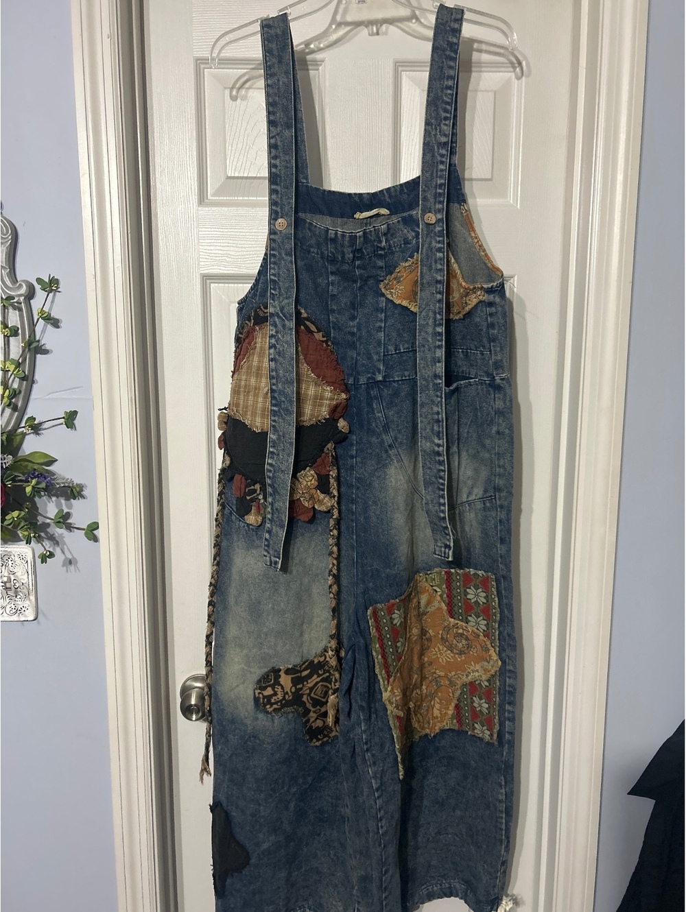 Blue Velvet Vintage Denim Patchwork Overalls Dress with Adjustable Straps